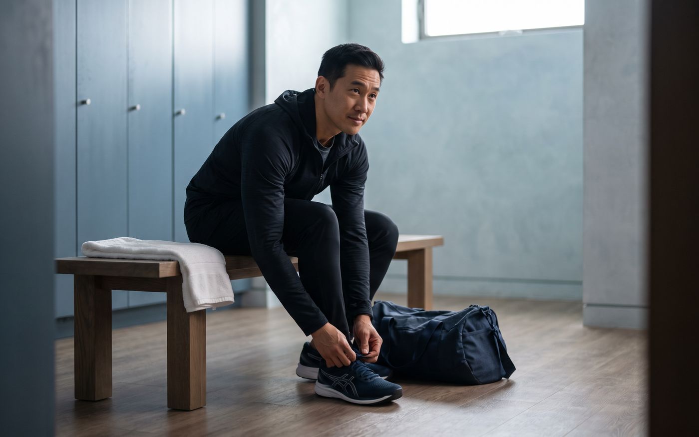 Man tying gym shoes beside navy bag during hair transplant recovery planning