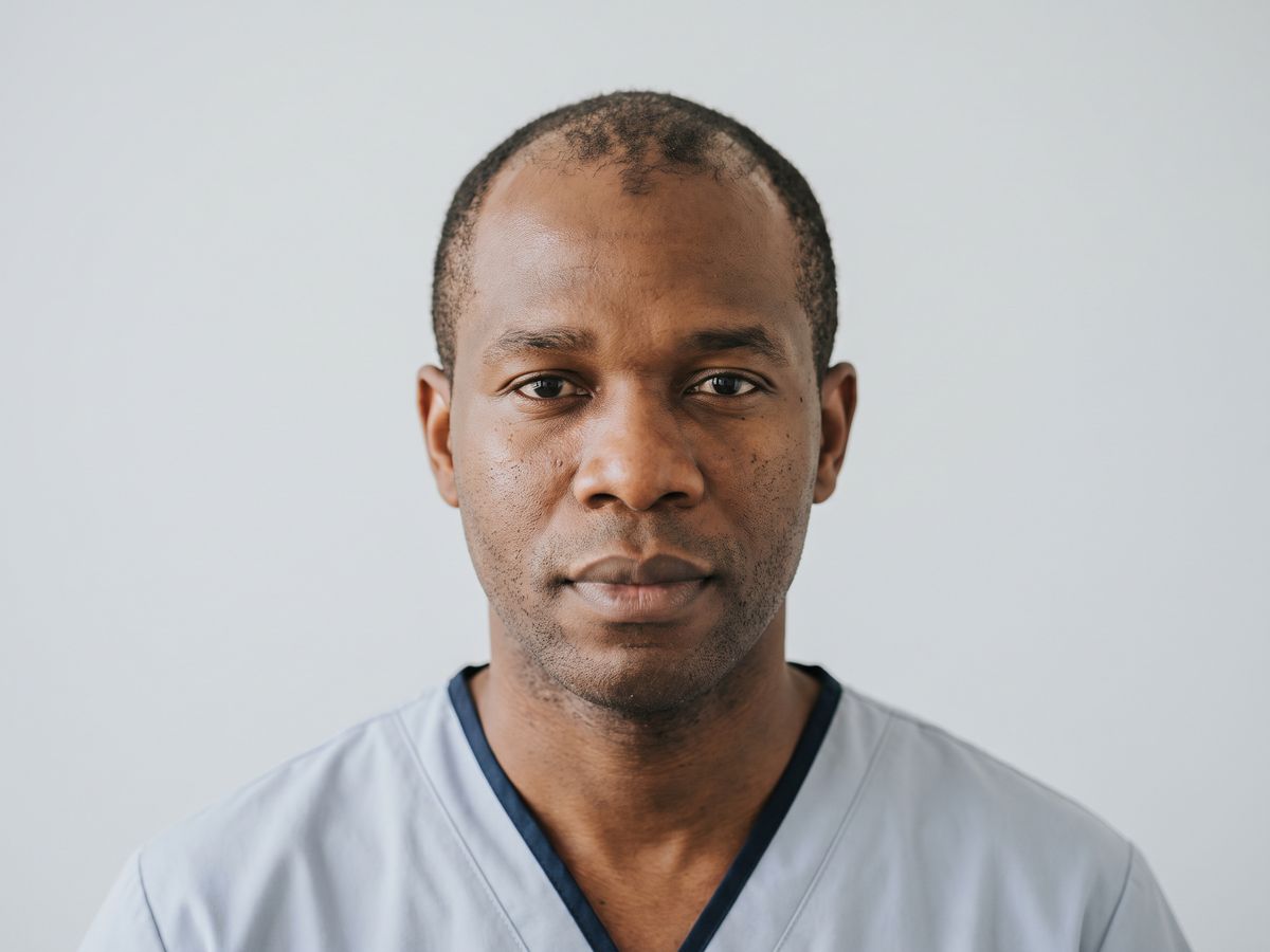 Frontal recession and thinning shown in clinical hair transplant portrait