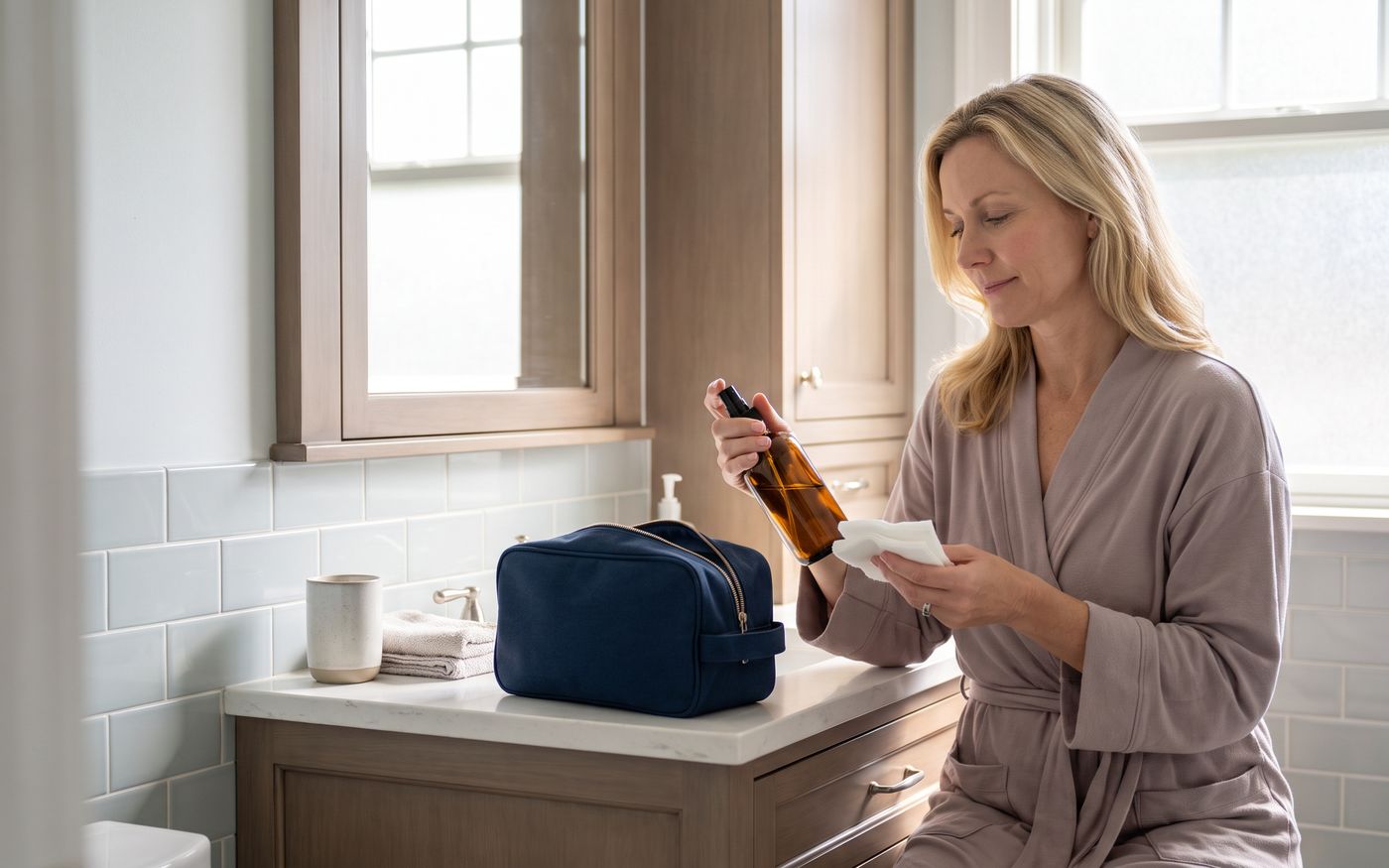 Woman holding spray bottle and gauze for careful hair transplant recovery care
