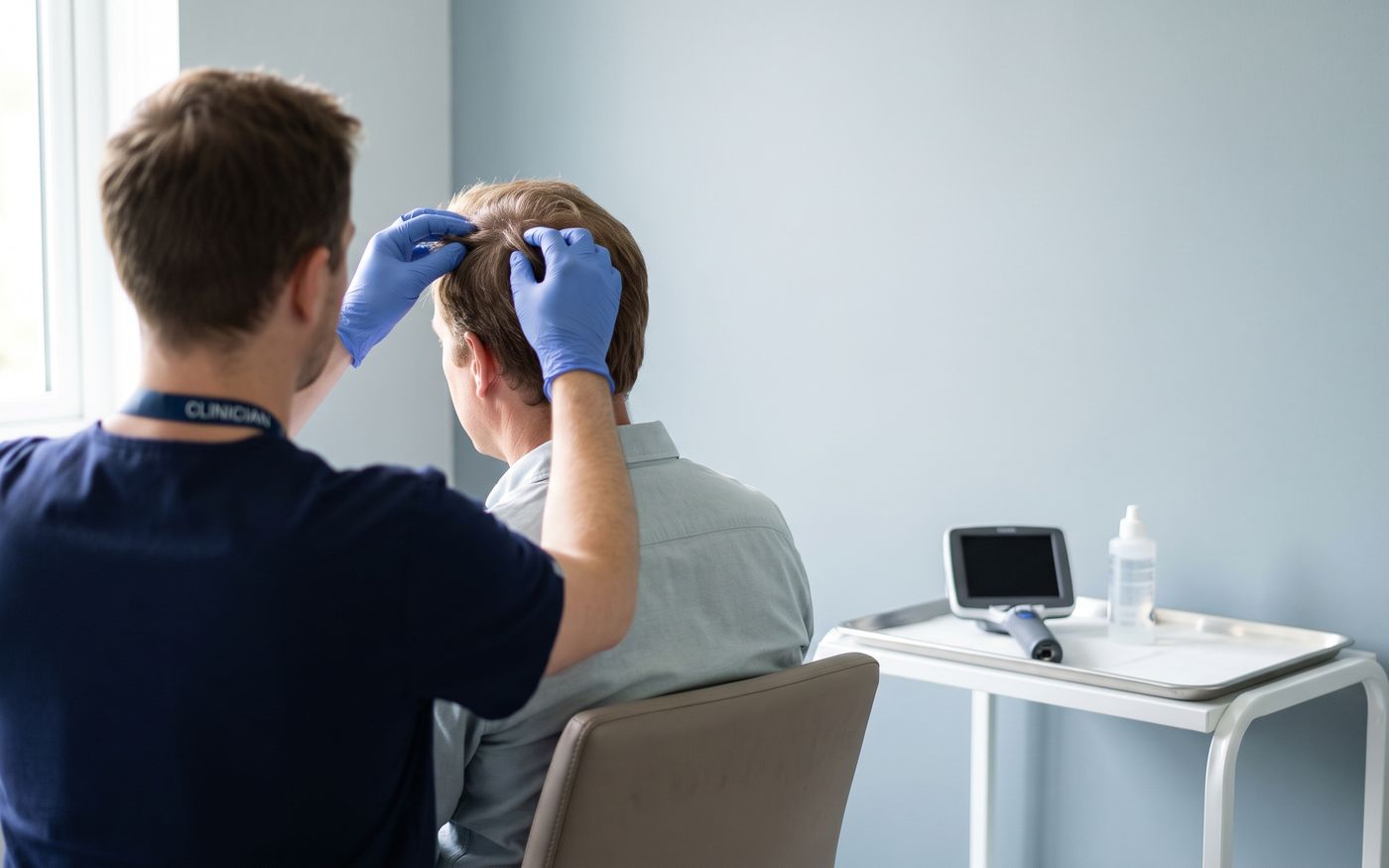 Scalp density check for hair transplant candidacy in consultation room