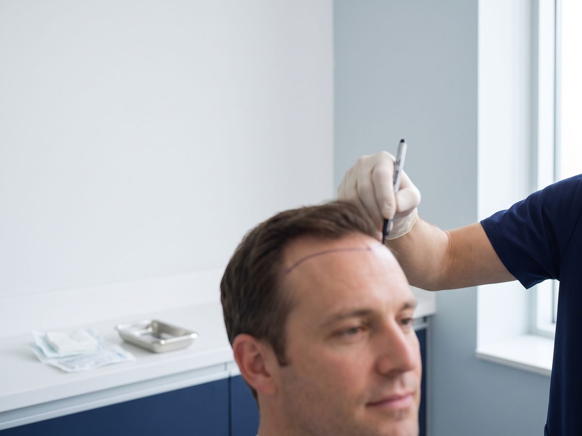 Hairline being drawn by hand before a hair transplant