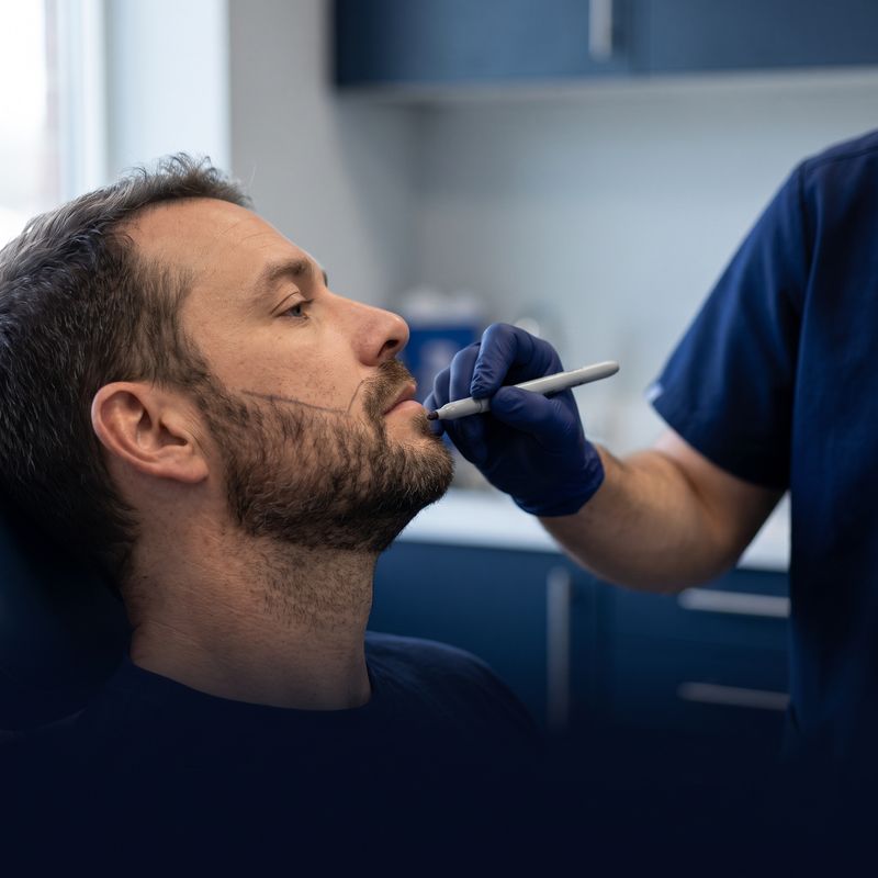 Man with a patchy beard during a beard transplant consultation