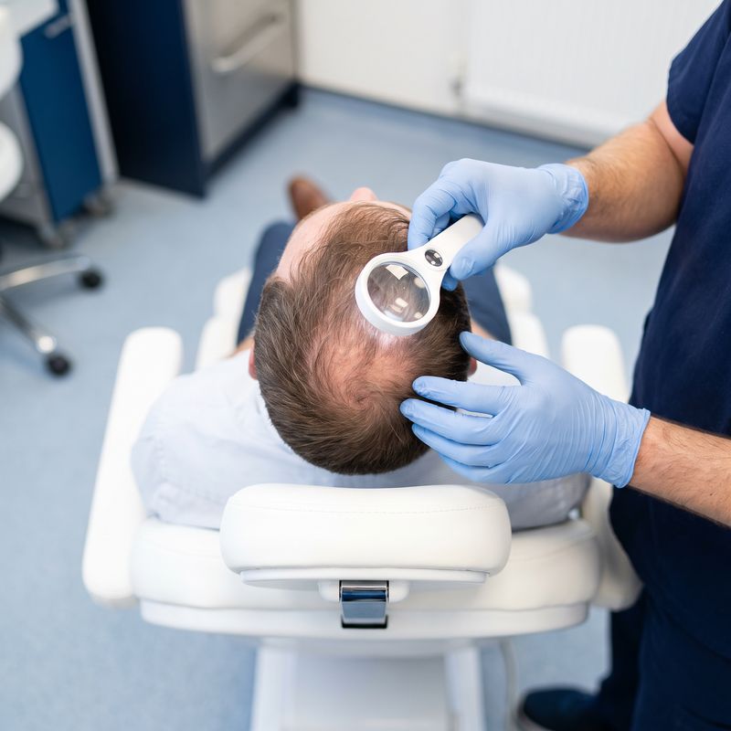 Surgeon assessing crown thinning from above