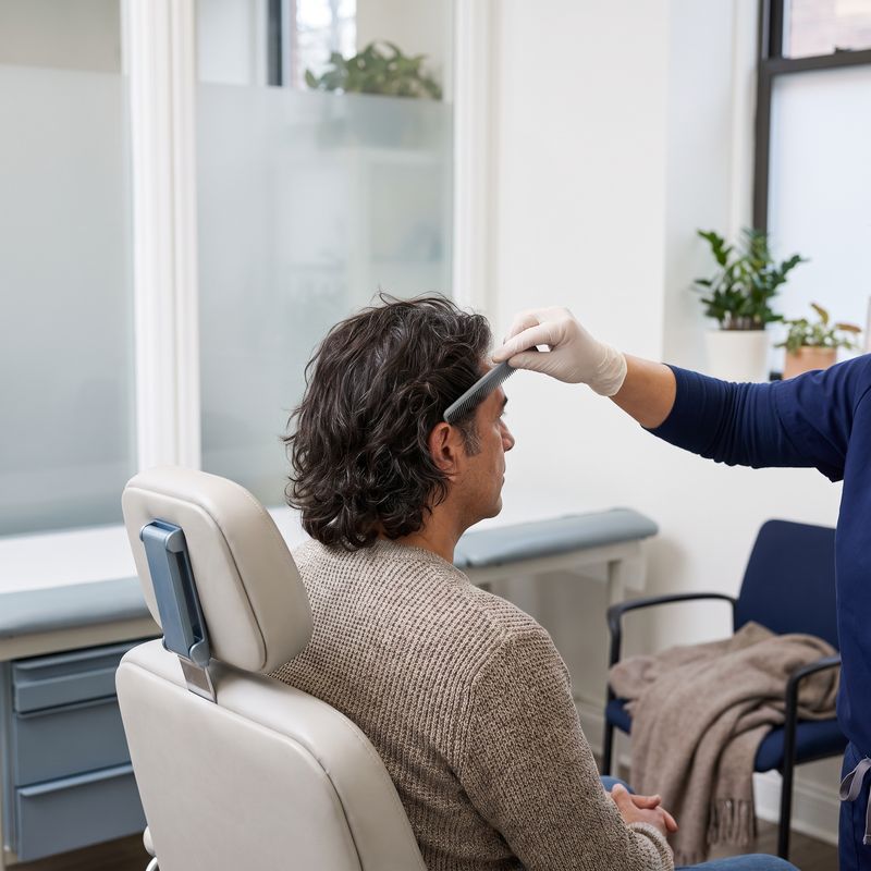 Man with medium-length hair before an unshaven FUE consultation