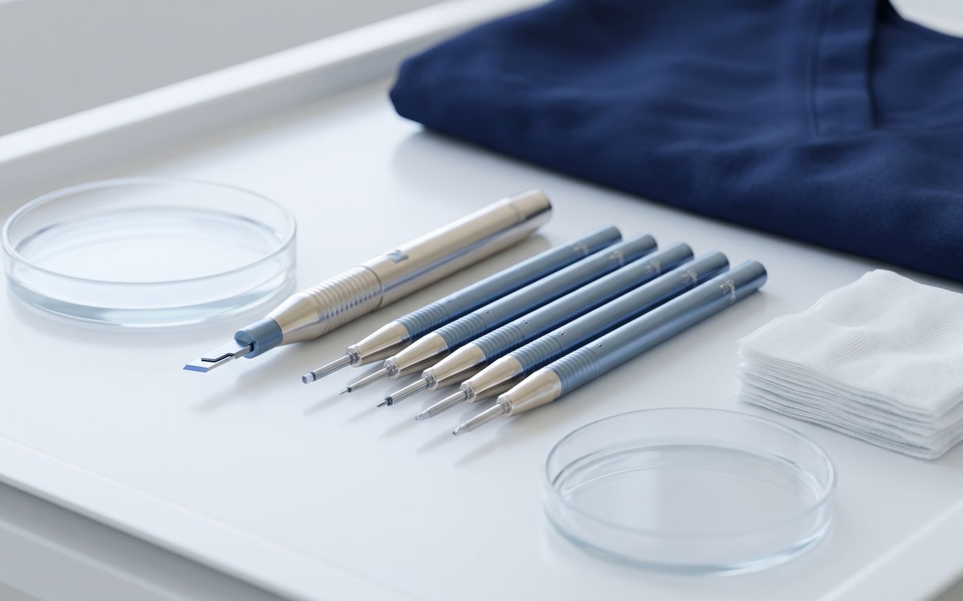 Sapphire FUE blade and DHI implanter pens resting on a sterile tray
