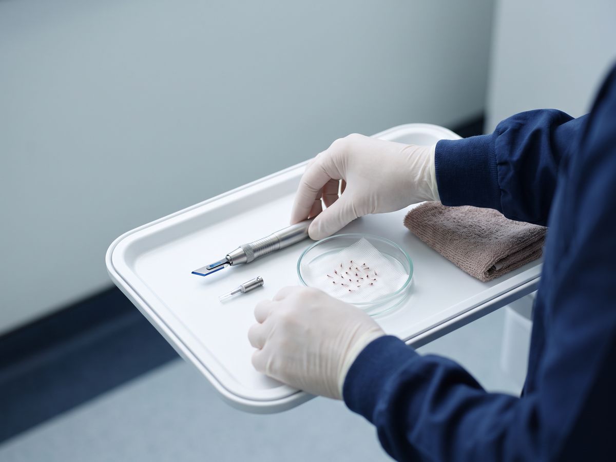 Follicular grafts on a procedure tray