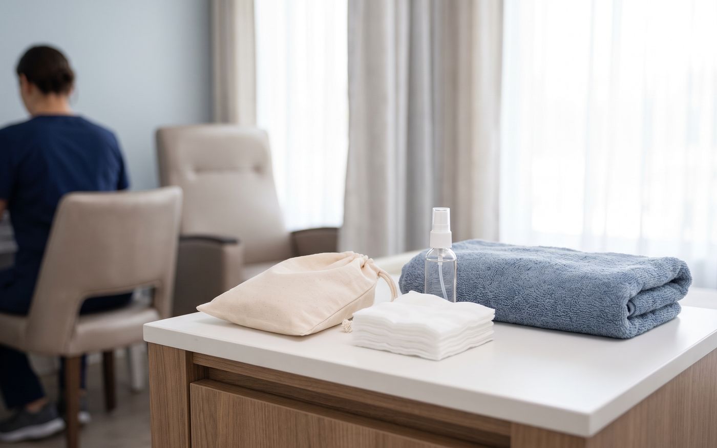 Aftercare pouch, gauze, spray bottle, and towel for hair transplant recovery guidance