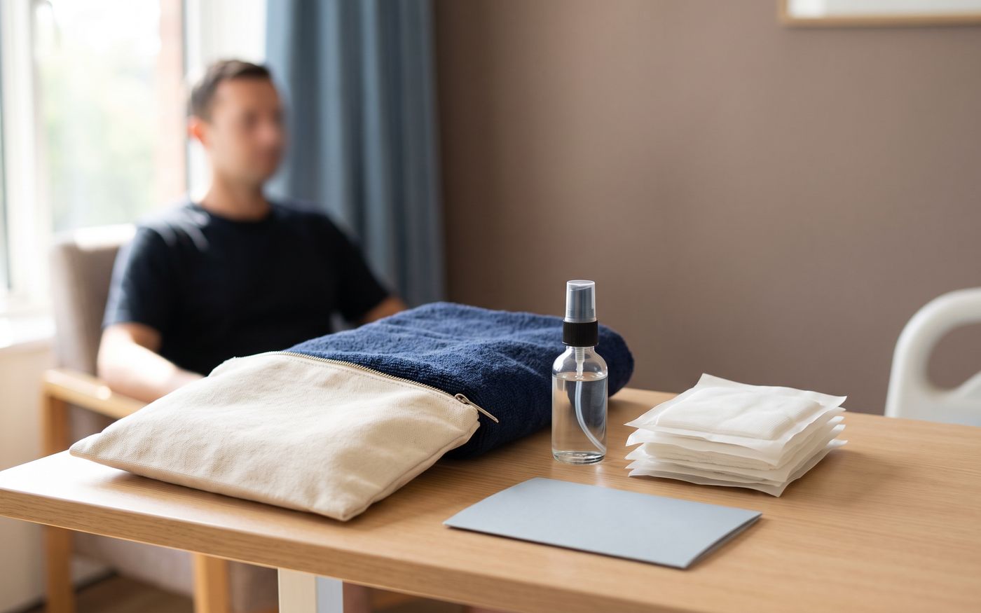 Aftercare pouch, gauze, spray bottle, and towel for beard transplant recovery