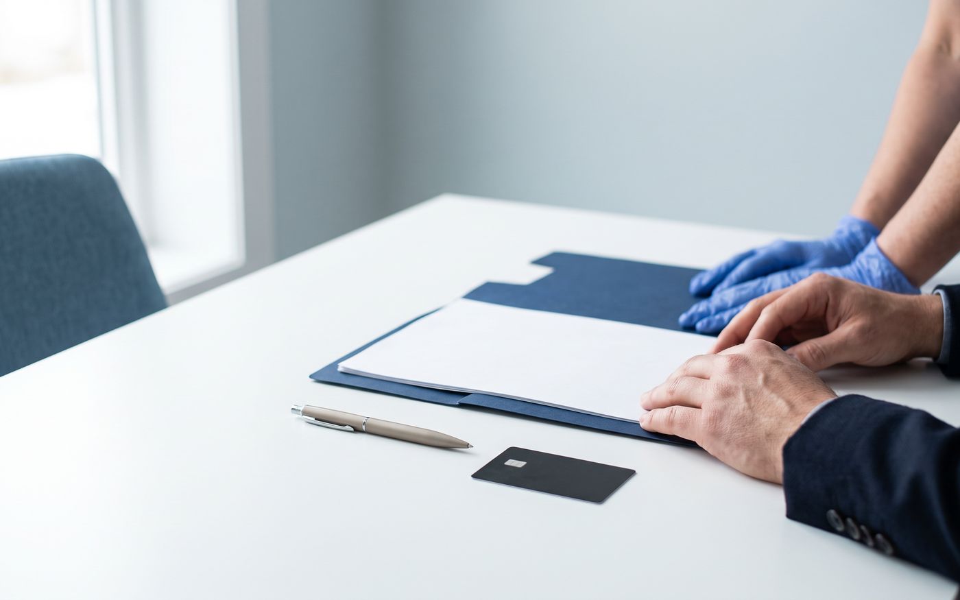 Patient and clinician review blank paperwork for beard transplant financing