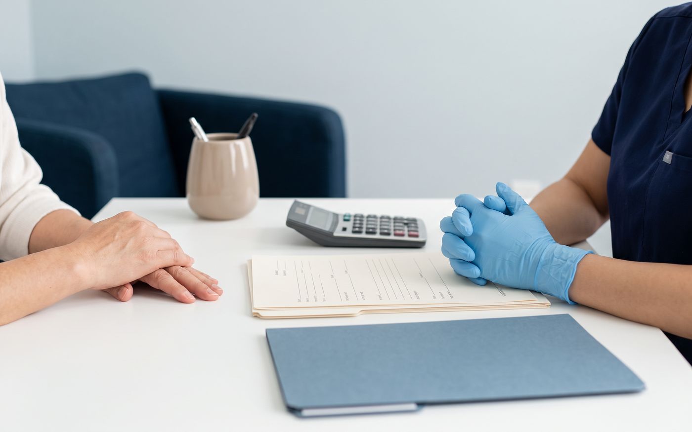 Hands, blank forms, calculator, and folder during crown hair transplant financing visit