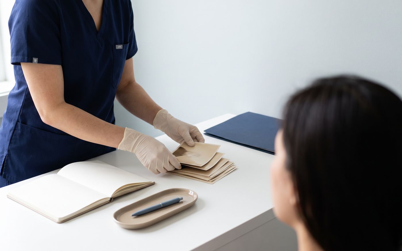 Gloved clinician arranging reference photos for crown hair transplant graft planning