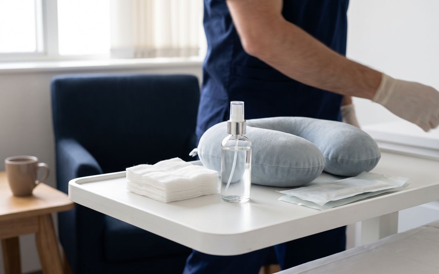 Gauze, spray bottle, neck pillow, and sterile packets for eyebrow transplant aftercare