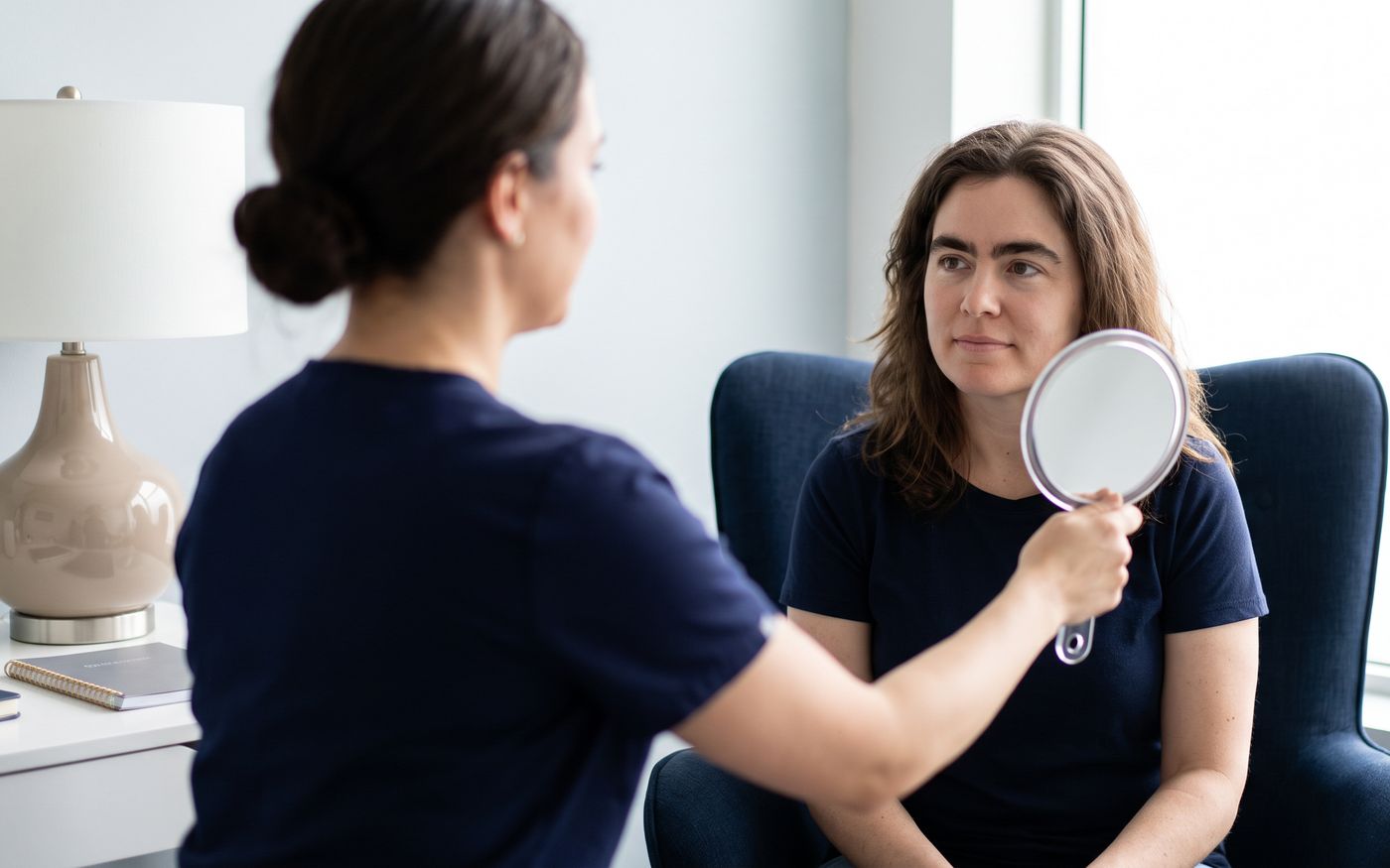 Clinician checking hairline and brow density during eyebrow transplant planning