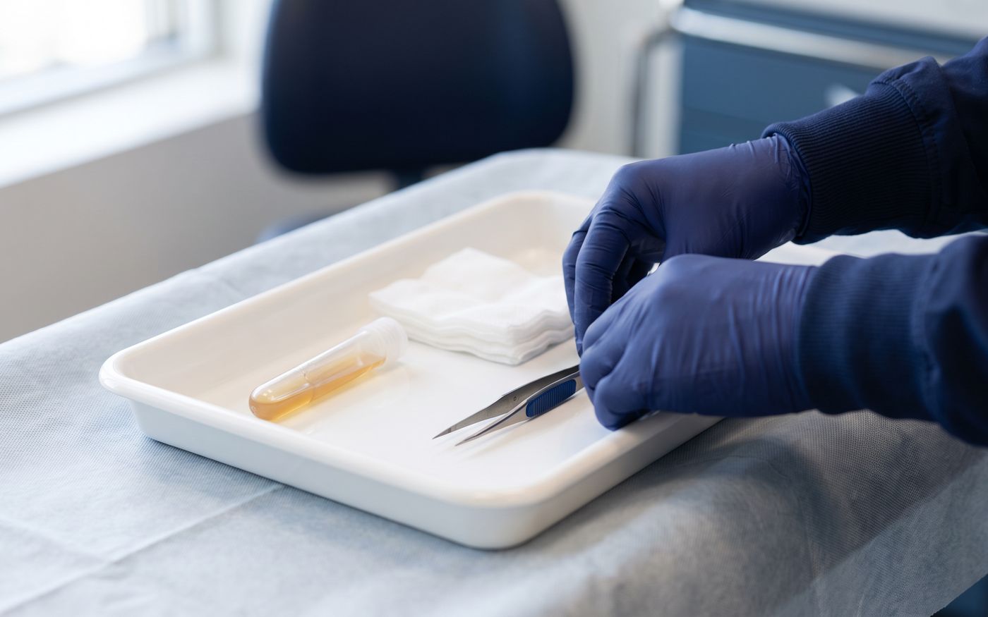 PRP tube, sterile gauze, and micro-forceps on tray for female hair transplant planning