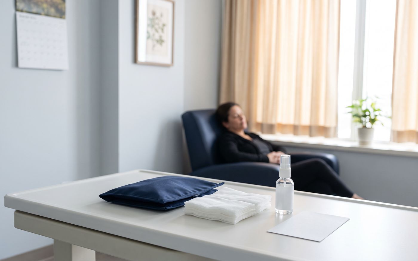 PRP therapy aftercare pouch with gauze, spray bottle, and resting patient nearby
