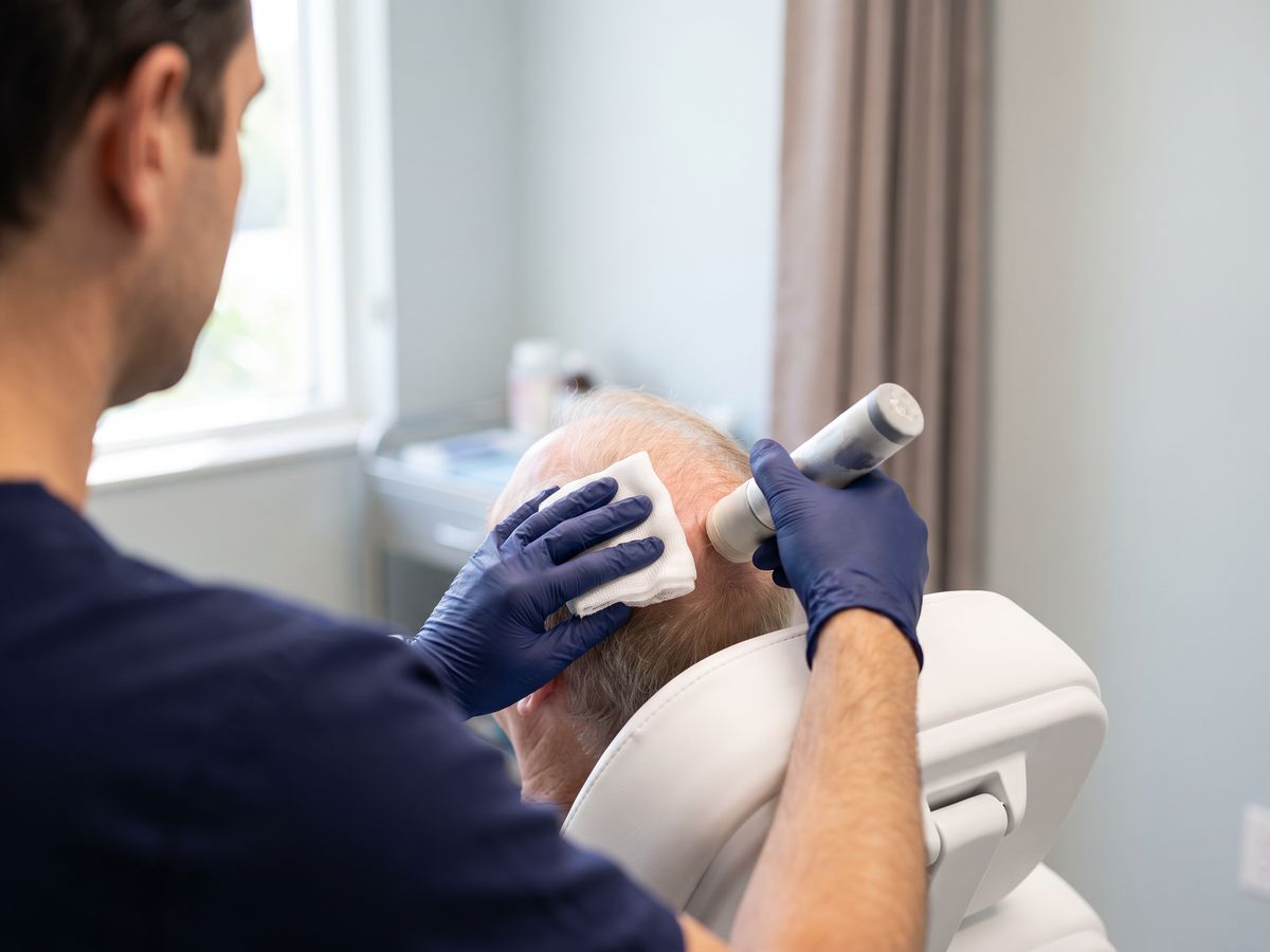 Physician numbing scalp before PRP injections