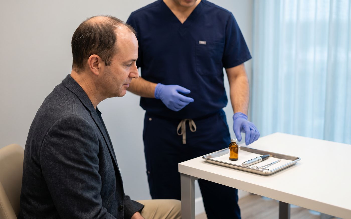 PRP vial, Choi implanter pen, and forceps on tray during hair loss consultation
