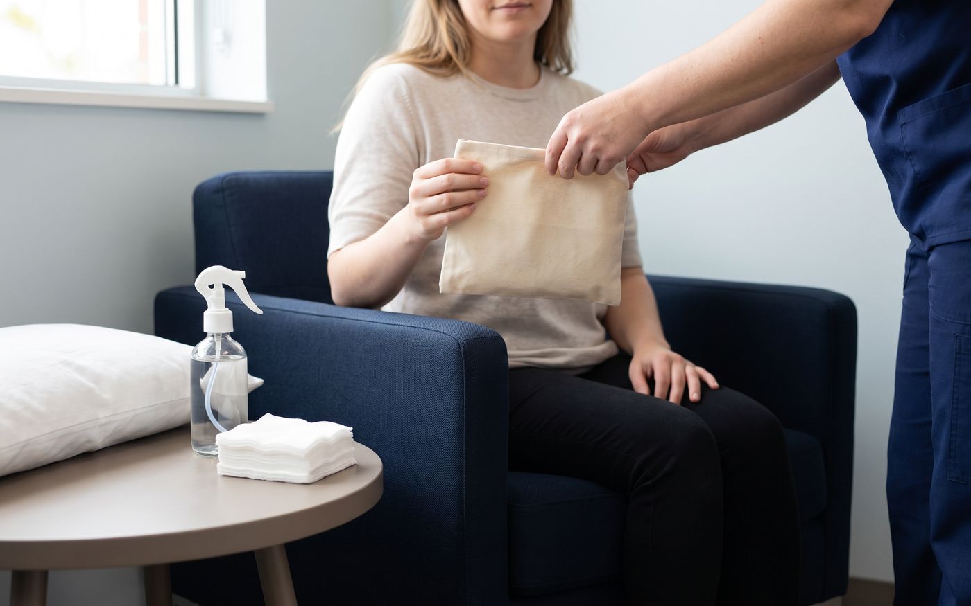 Sapphire FUE aftercare pouch handed to a patient in a quiet recovery lounge