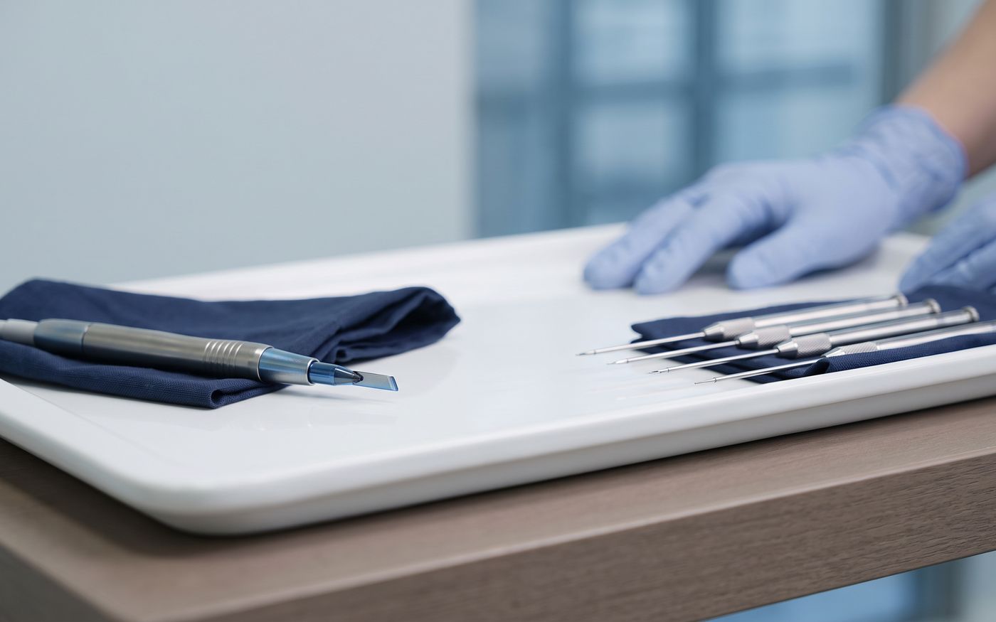 Sapphire FUE blade and DHI implanter pens separated on a sterile tray
