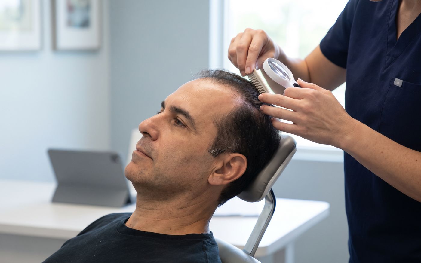Sapphire FUE consultation examining hair density with magnifier and comb
