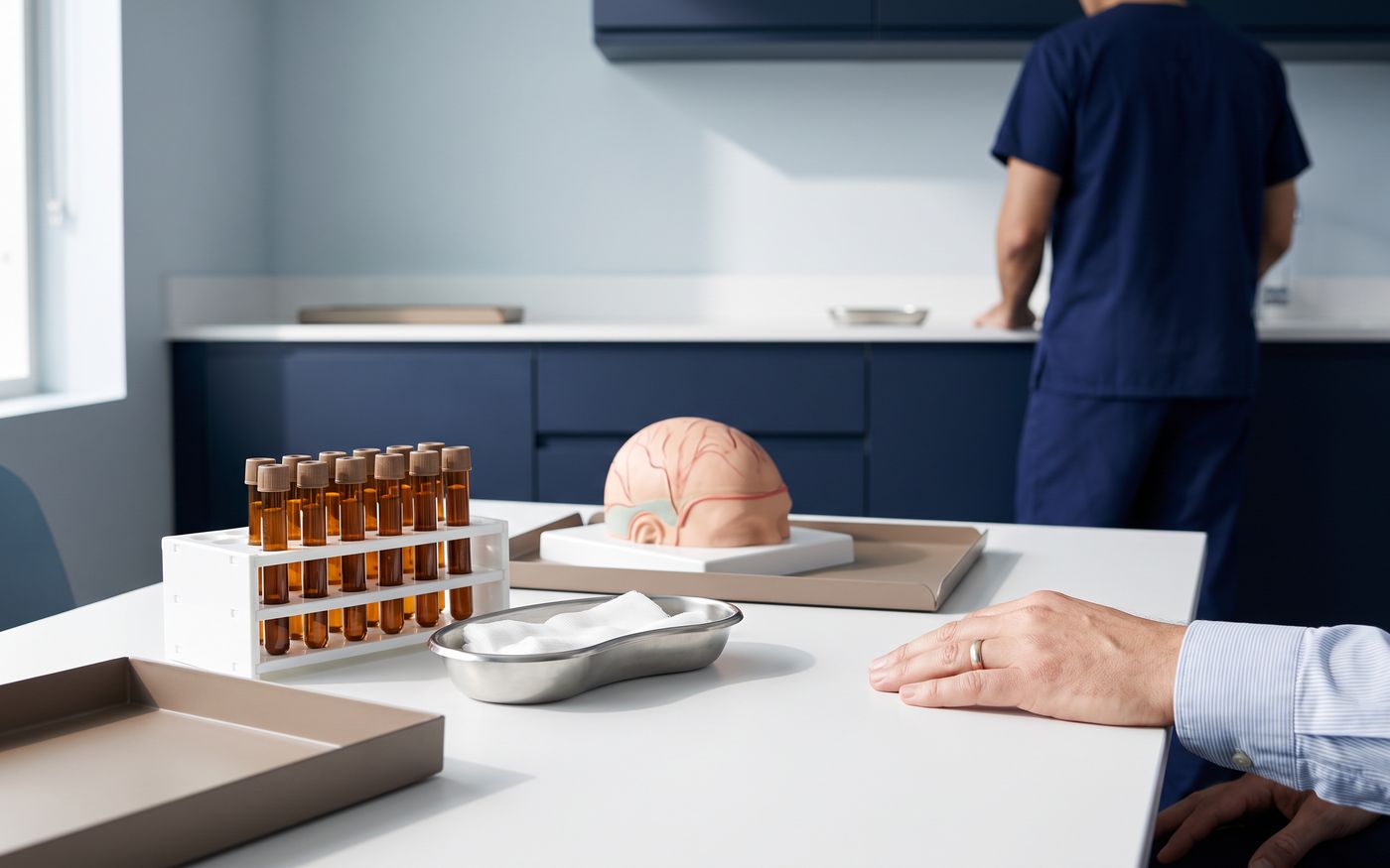 Consultation table with plasma tubes and a scalp model for comparing PRP and a transplant