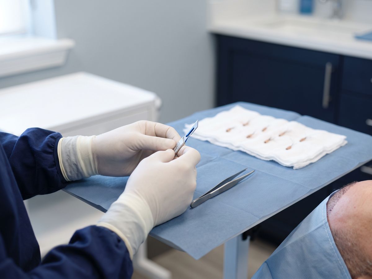 Surgeon creating sapphire channels for hair grafts