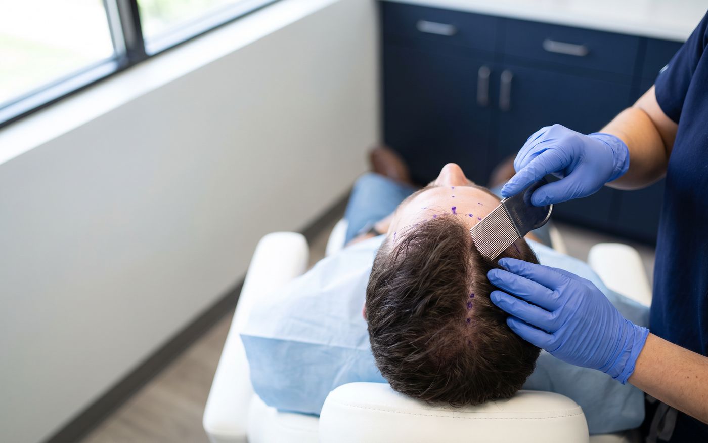 Unshaven FUE crown graft planning with gloved hands and sterile comb