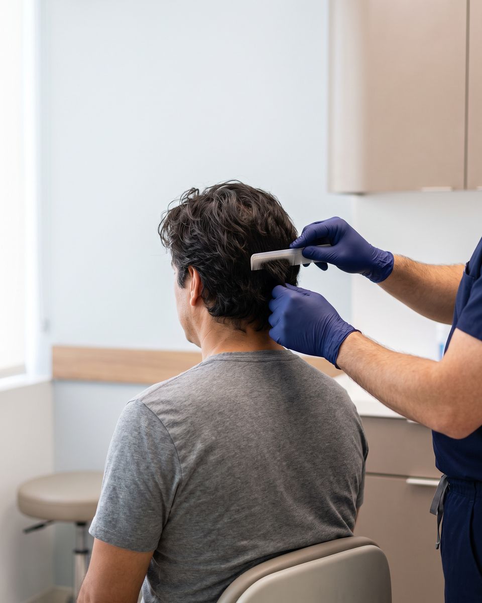 Surgeon parting medium-length hair for unshaven FUE