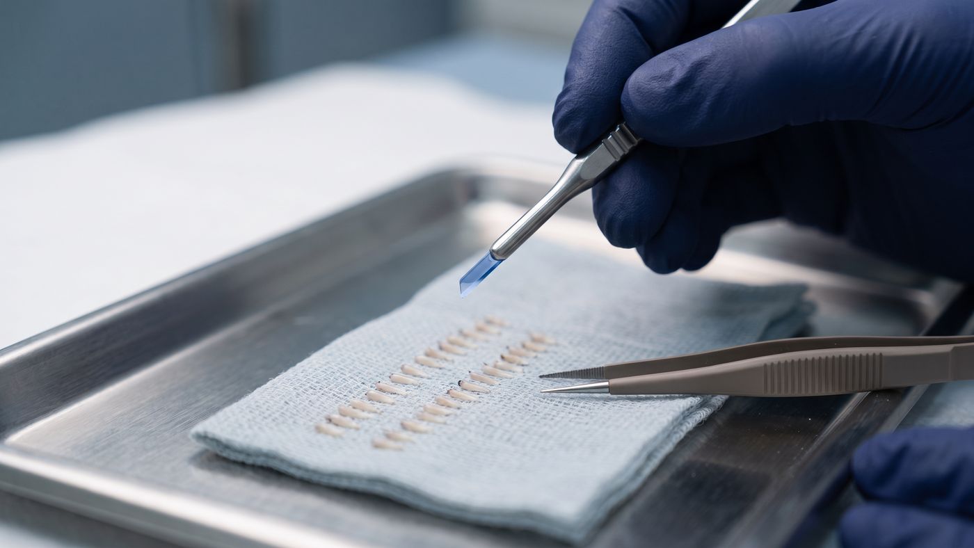 Sapphire FUE: grafts are placed into channels pre-opened with ultra-fine sapphire blades.