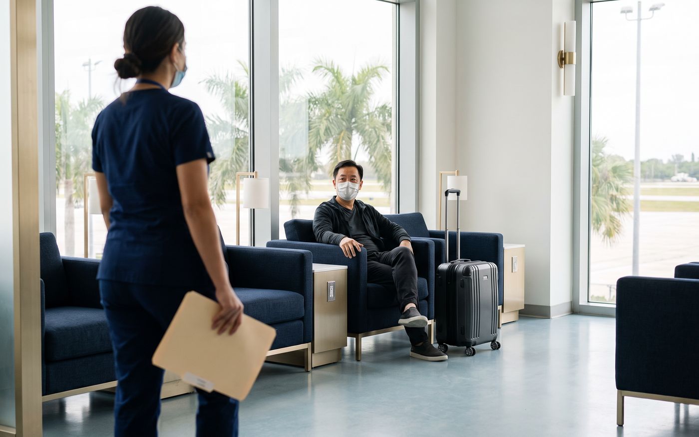 Patient with carry-on in lounge discussing hair transplant travel safety