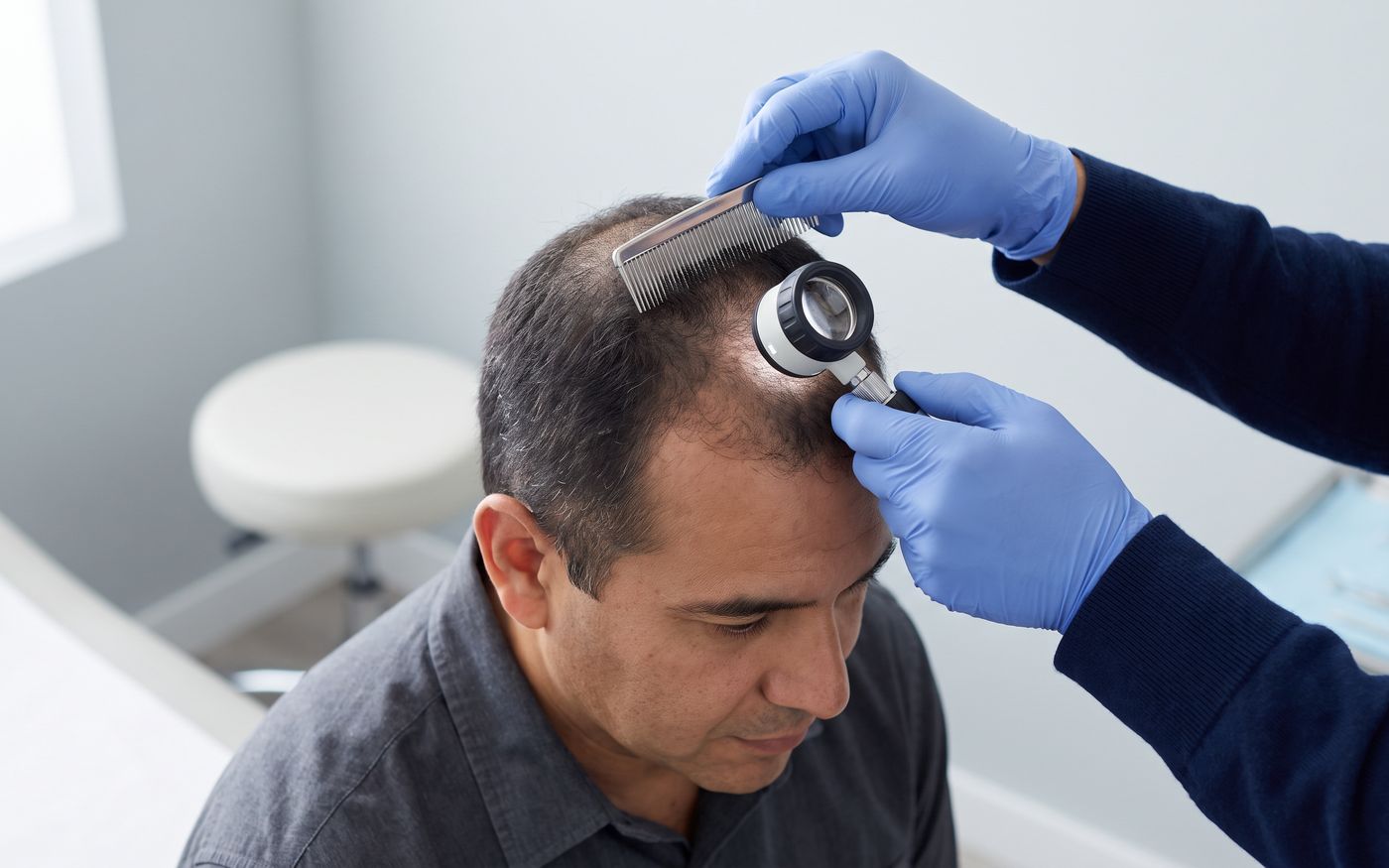 Crown thinning scalp density check for hair transplant candidacy with loupe
