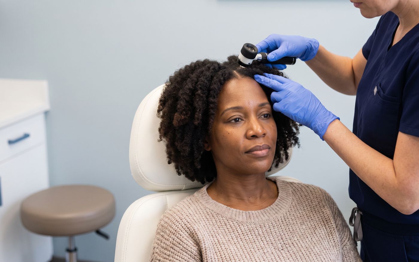 Female hair transplant candidate having frontal hairline and part line examined