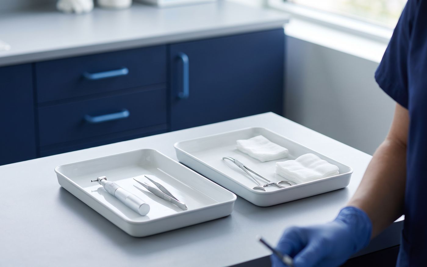 Hair transplant grafts and FUE, DHI instruments arranged on a sterile tray