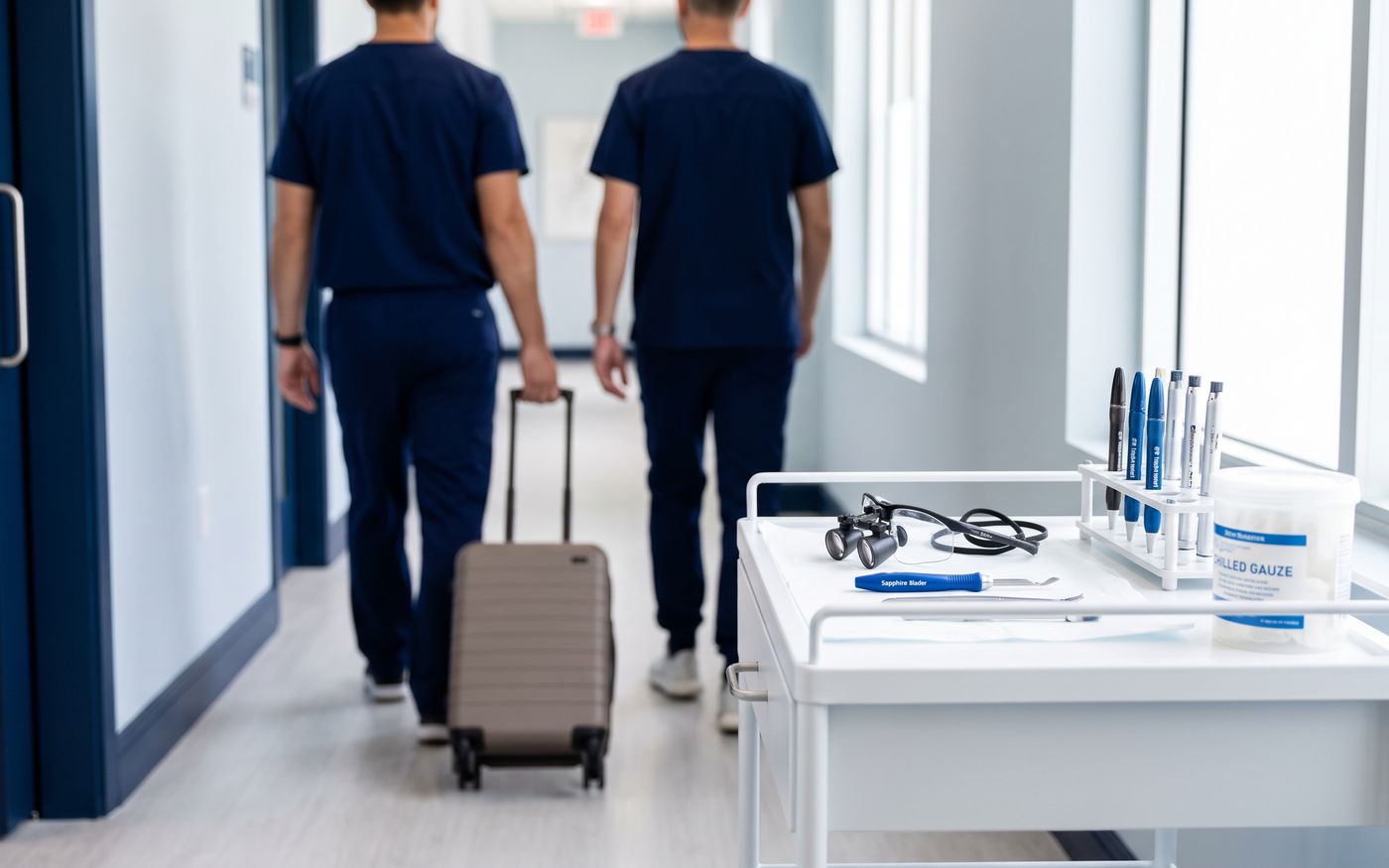 Hair transplant clinicians near a procedure cart with clean surgical tools