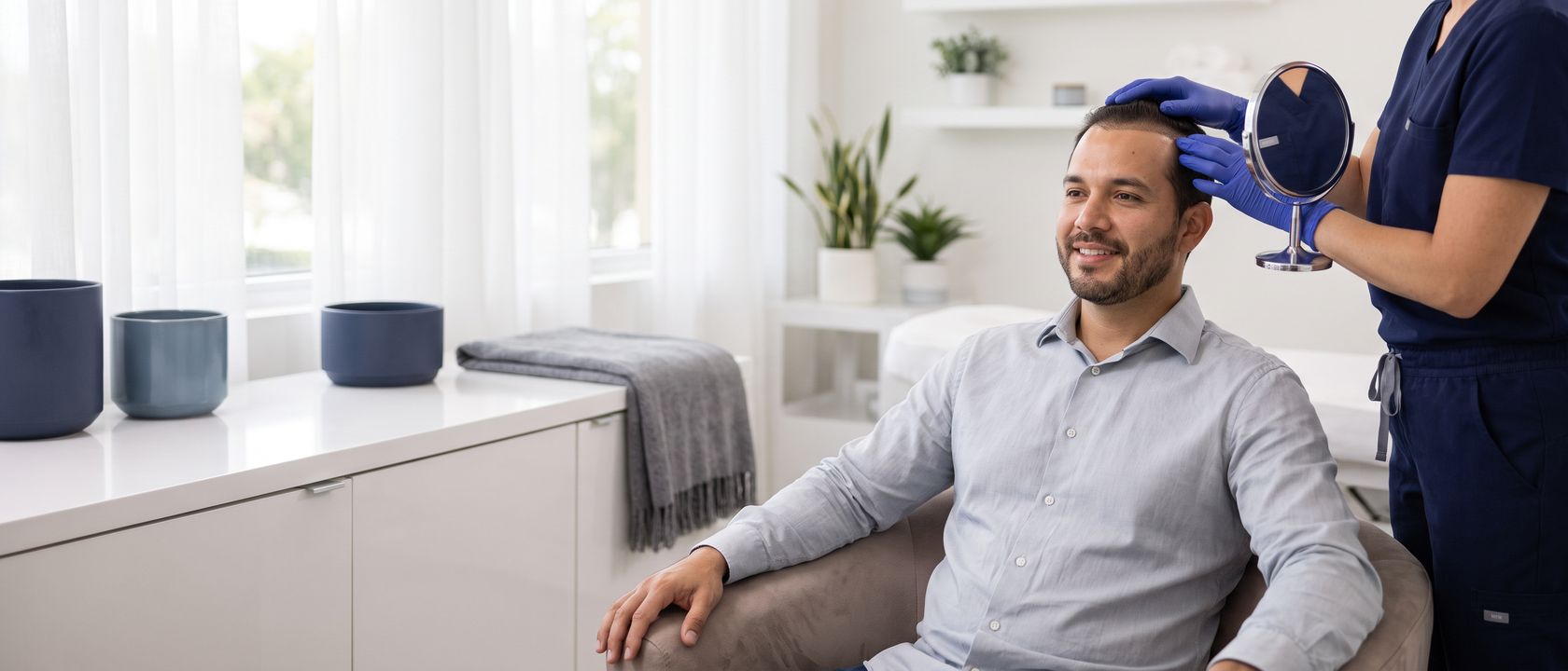 Patient checking hair transplant recovery in a mirror