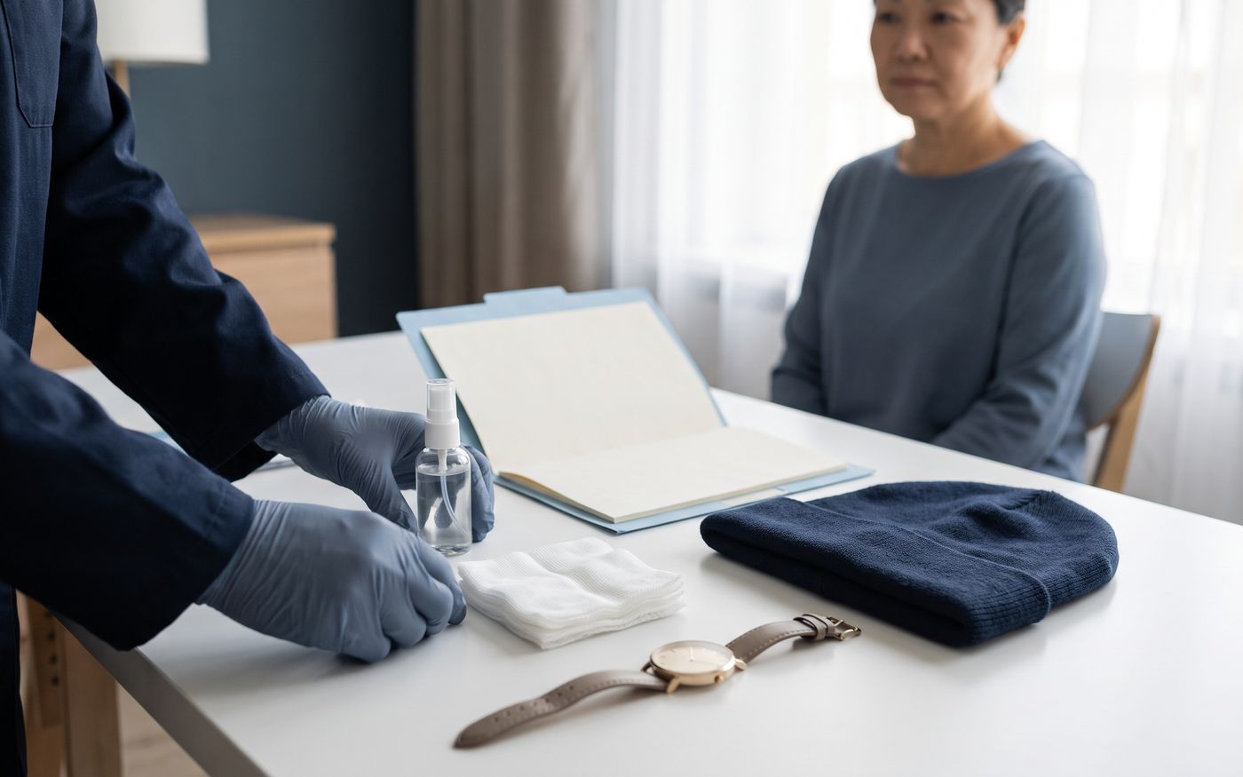 Hair transplant recovery kit with mist bottle, gauze, folder, and navy cap