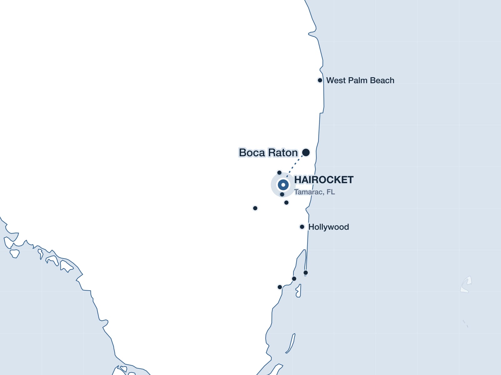 Map of South Florida showing Boca Raton and the HAIROCKET clinic in Tamarac