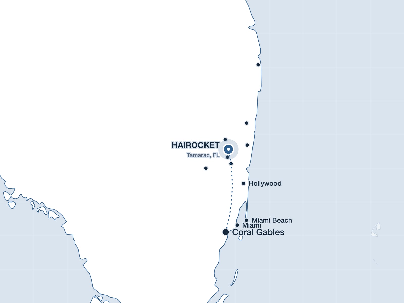 Map of South Florida showing Coral Gables and the HAIROCKET clinic in Tamarac