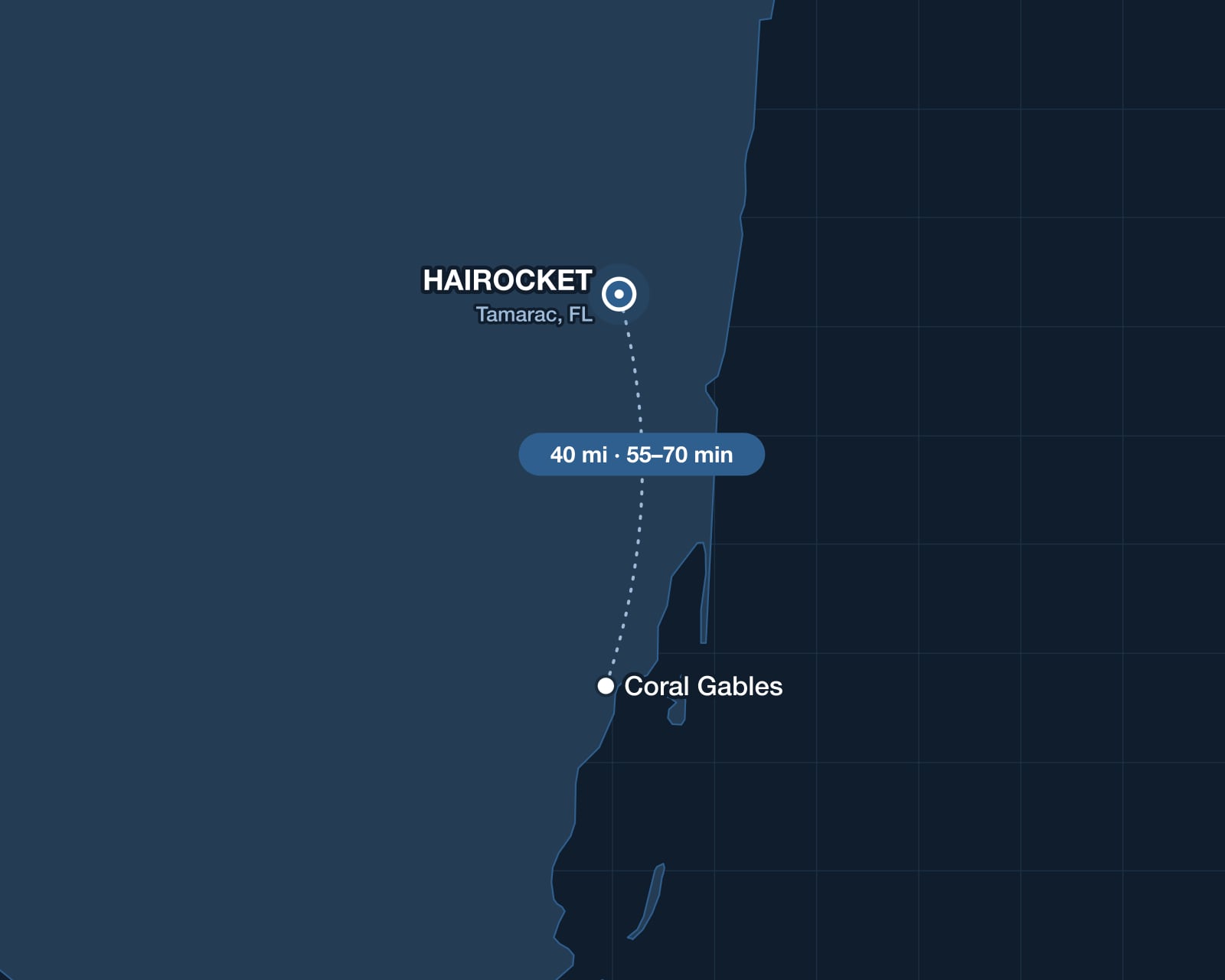 Route from Coral Gables to HAIROCKET in Tamarac