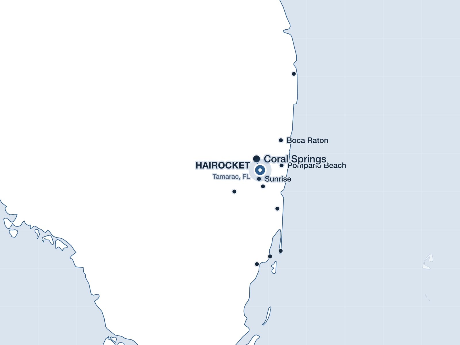 Map of South Florida showing Coral Springs and the HAIROCKET clinic in Tamarac