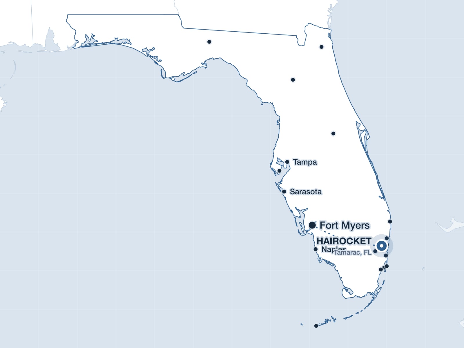 Map of Southwest Florida showing Fort Myers and the HAIROCKET clinic in Tamarac