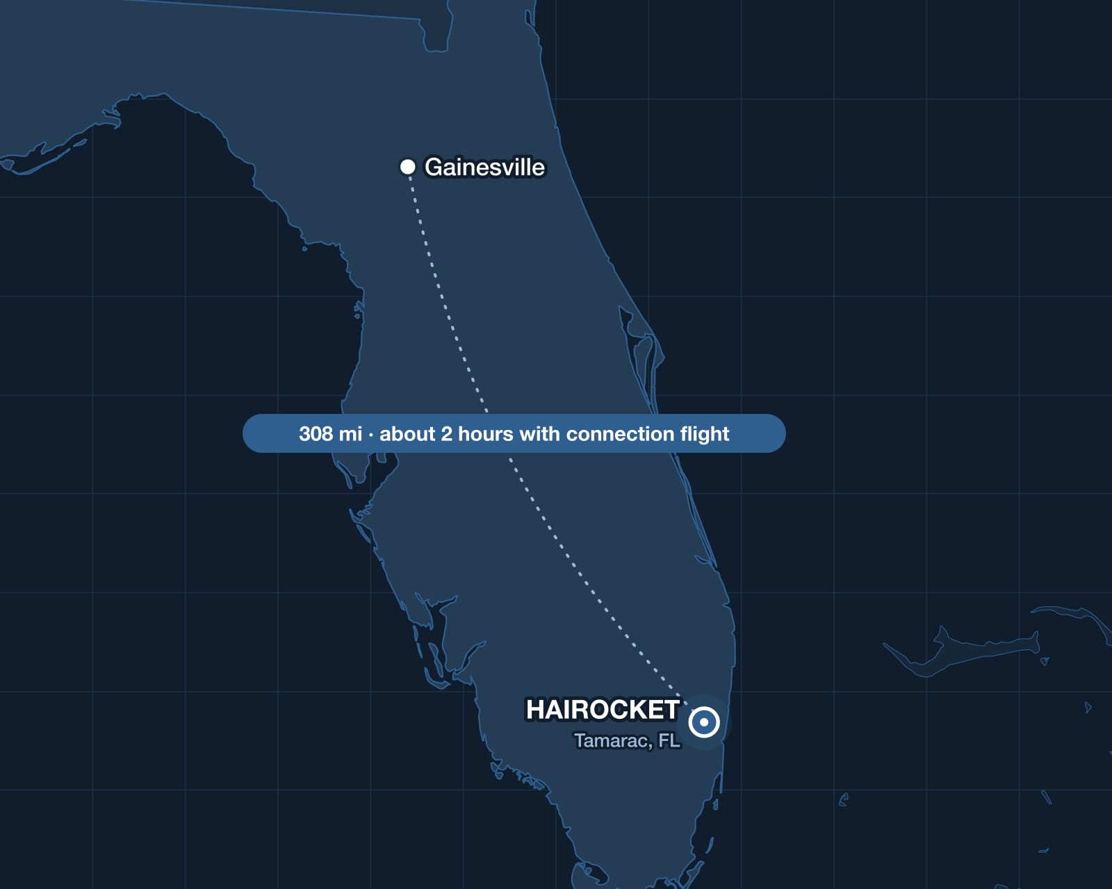 Route from Gainesville to HAIROCKET in Tamarac