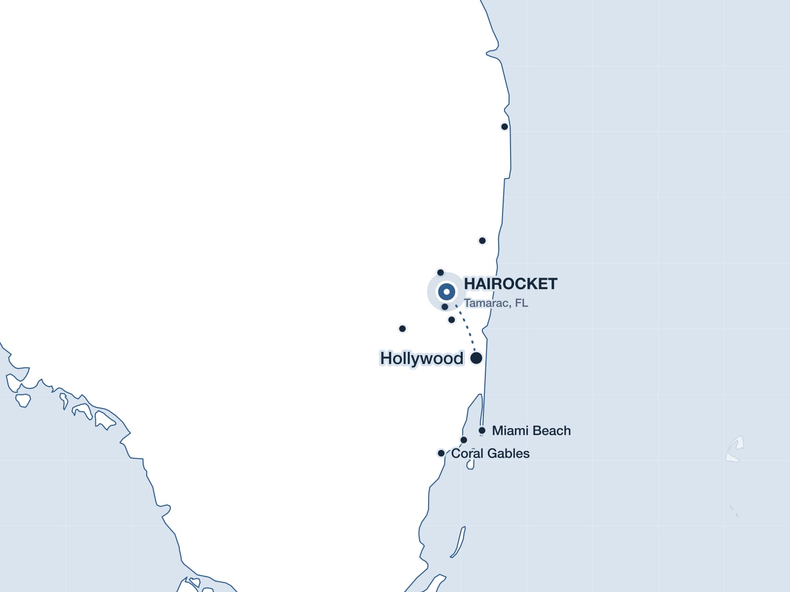 Map of South Florida showing Hollywood and the HAIROCKET clinic in Tamarac