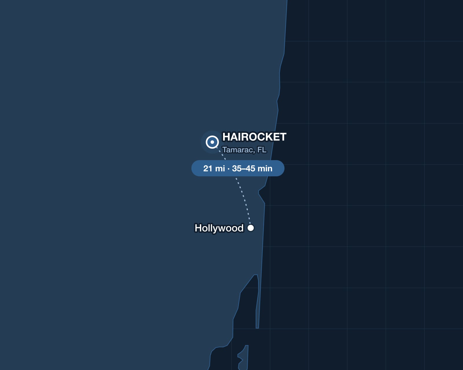 Route from Hollywood to HAIROCKET in Tamarac