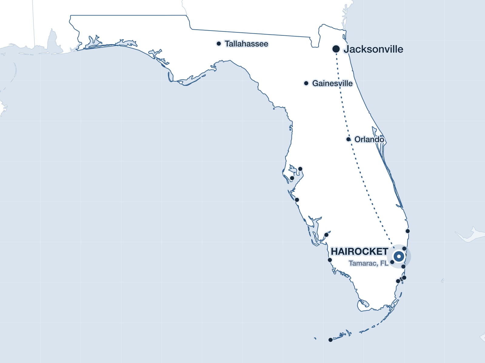 Map of North Florida showing Jacksonville and the HAIROCKET clinic in Tamarac