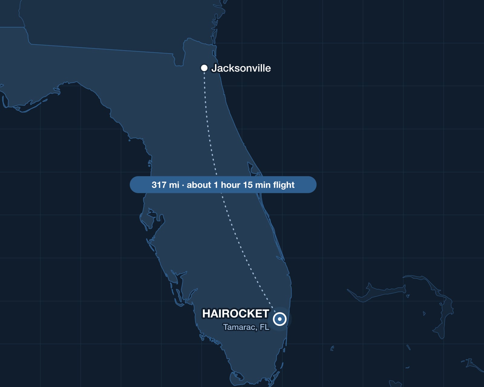 Route from Jacksonville to HAIROCKET in Tamarac