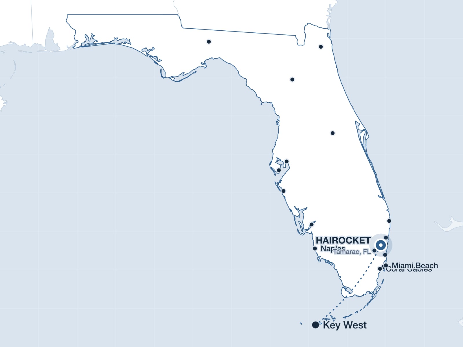 Map of Florida Keys showing Key West and the HAIROCKET clinic in Tamarac