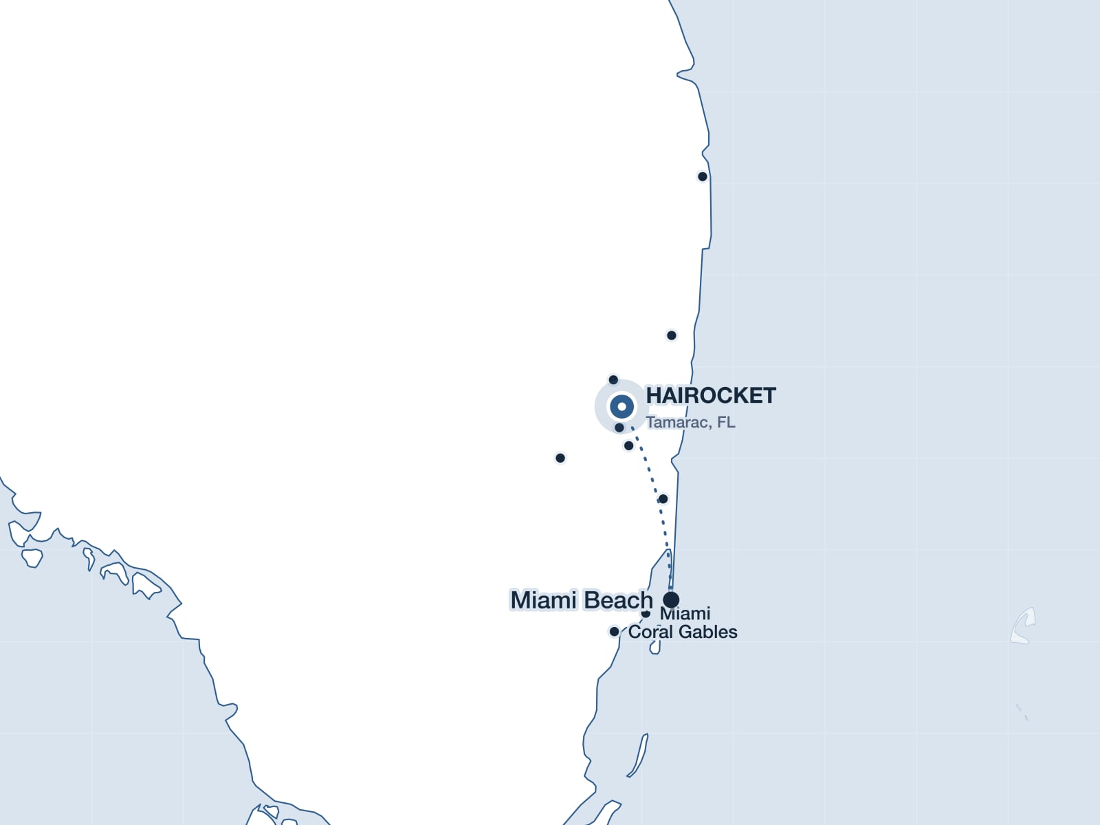 Map of South Florida showing Miami Beach and the HAIROCKET clinic in Tamarac