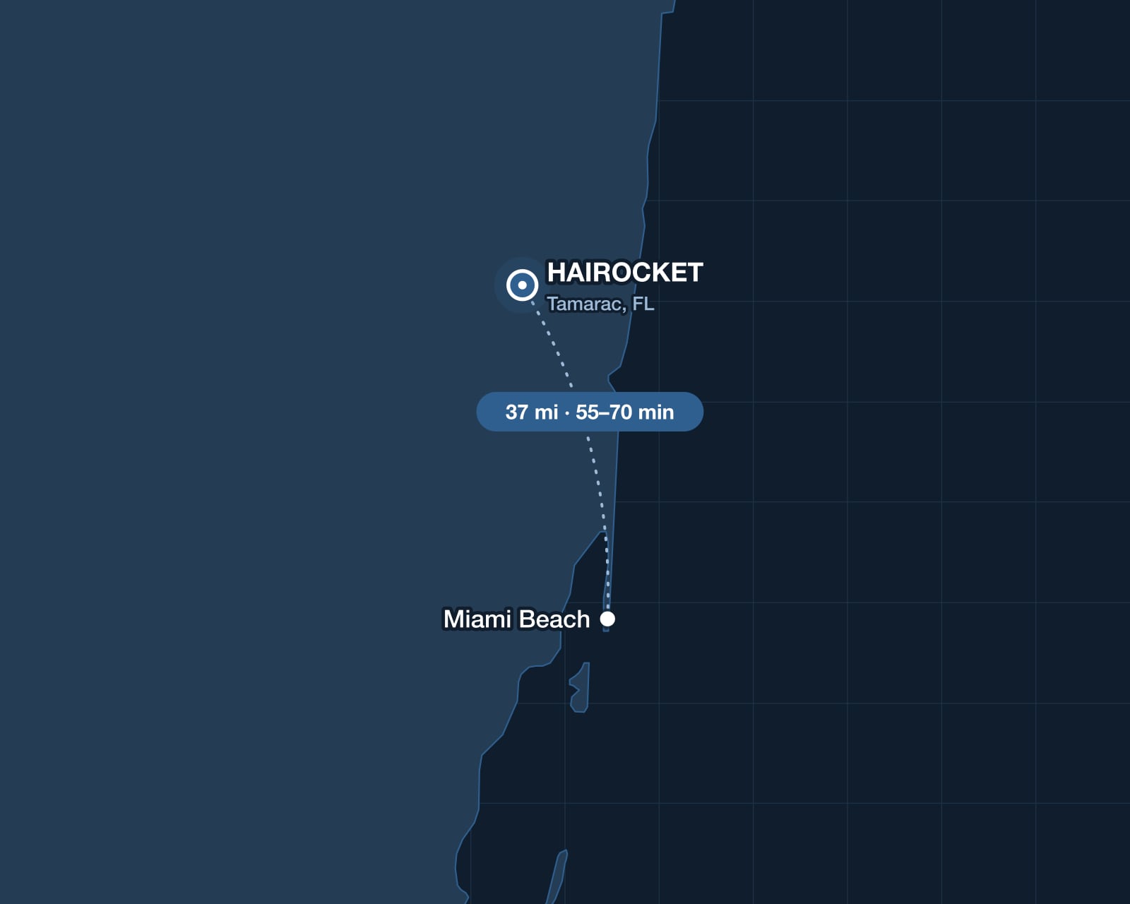 Route from Miami Beach to HAIROCKET in Tamarac