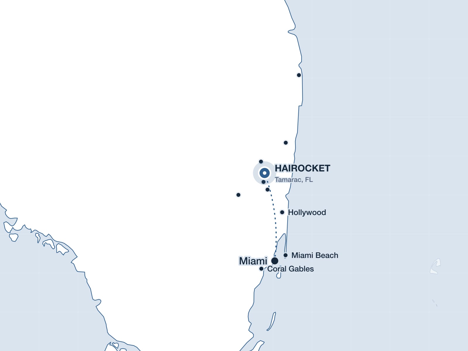 Map of South Florida showing Miami and the HAIROCKET clinic in Tamarac